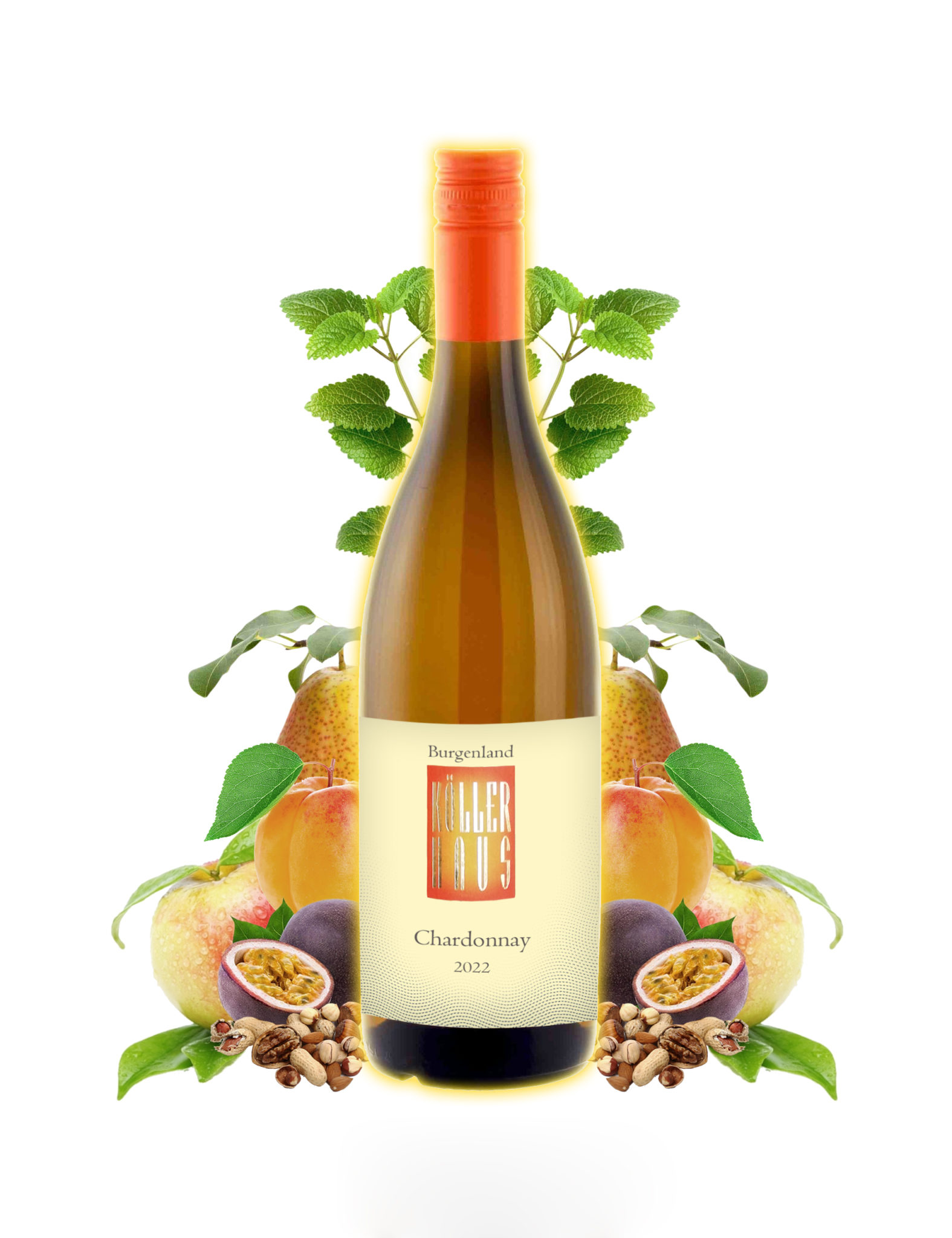 Eine Flasche Chardonnay 2022, umgeben von den Geschmäckern