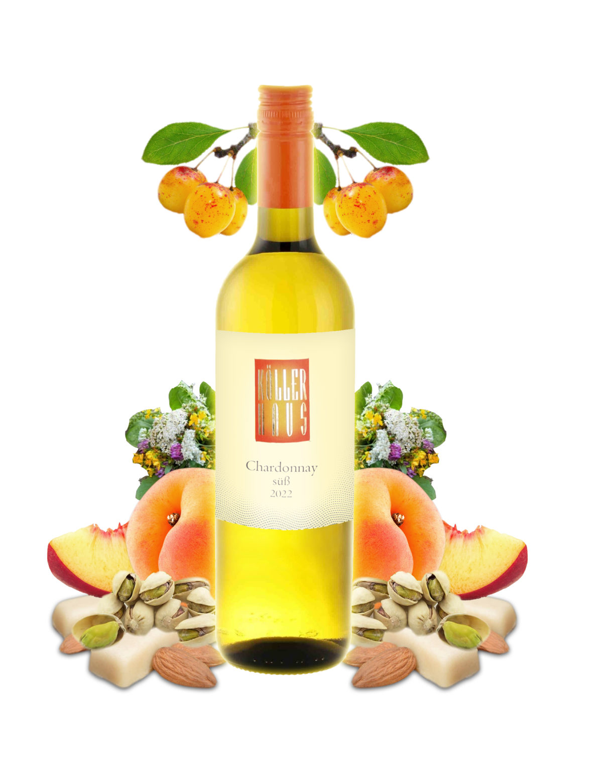 Eine Flasche Chardonnay Spätlese, umgeben von den Geschmäckern