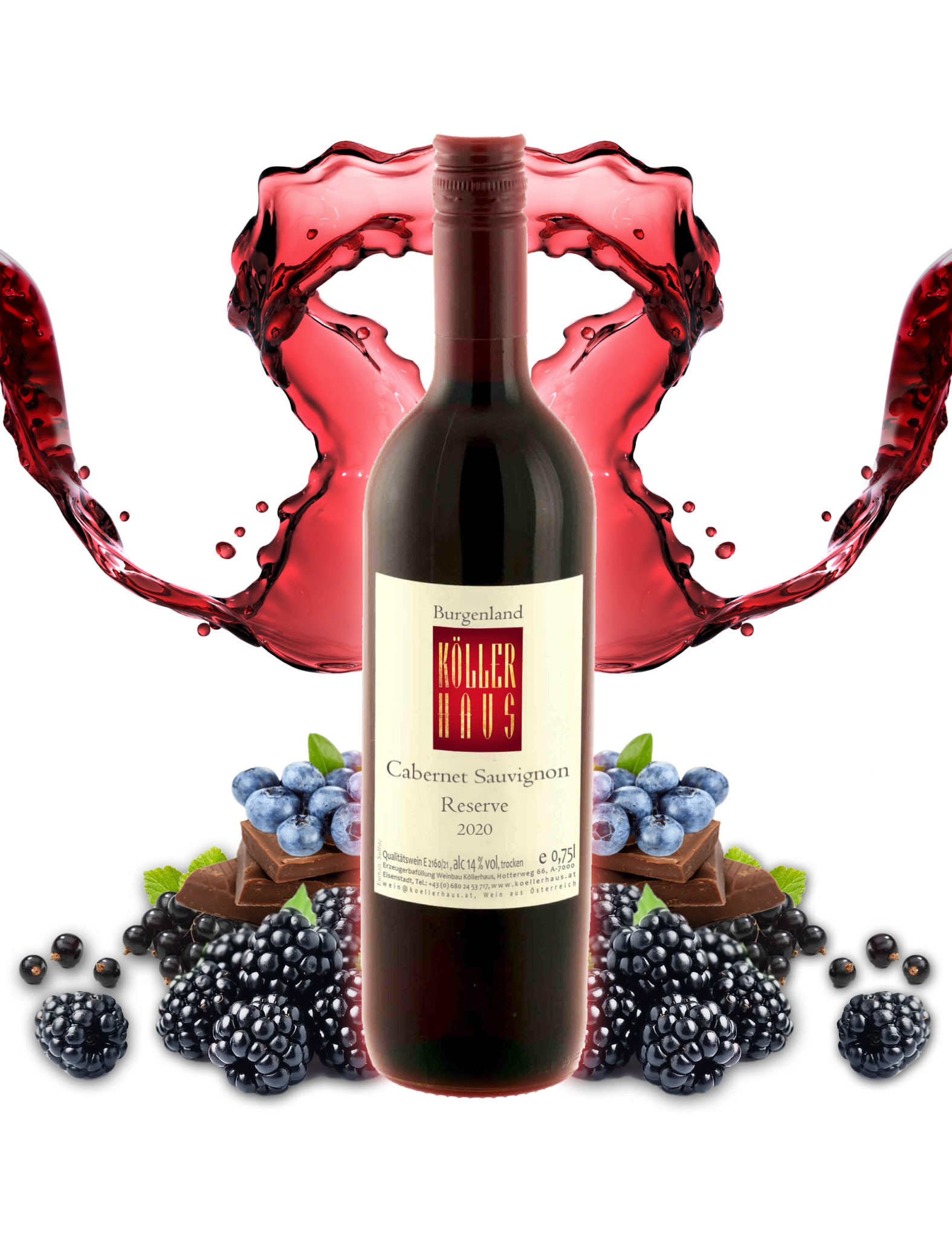 Eine Flasche Cabernet Sauvignon Reserve 2020, umgeben von den Geschmäckern